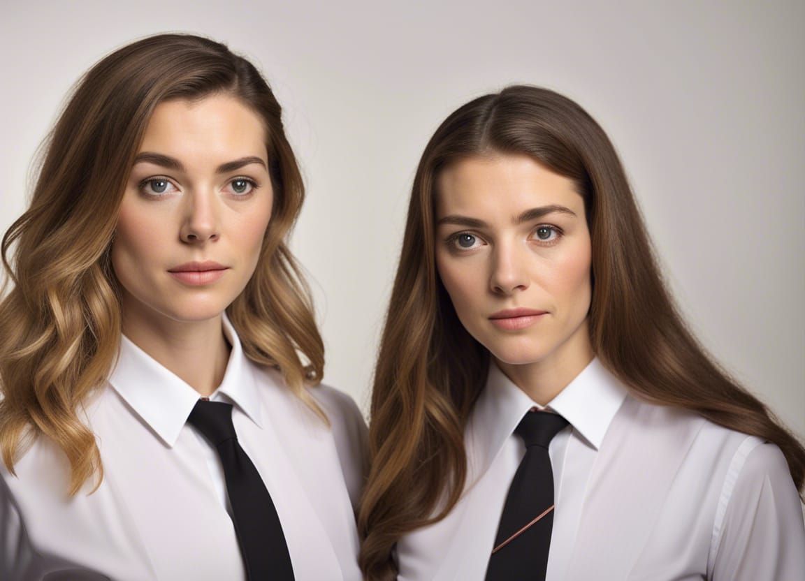 two women, wearing a tie