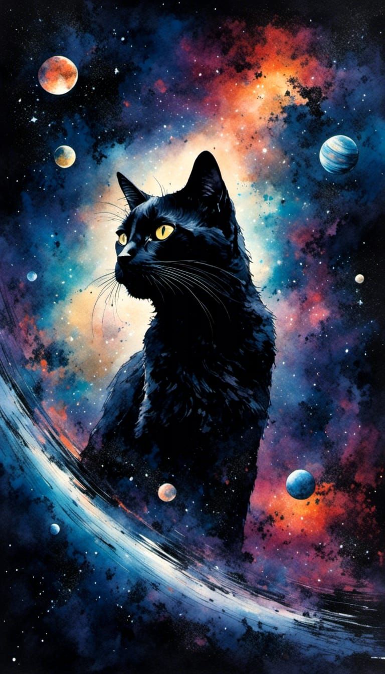 Black Cat Silhouette Floating in Starry Galaxy