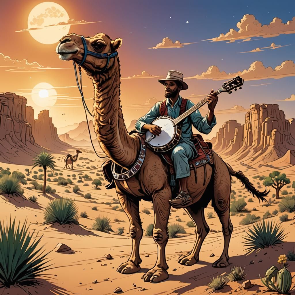 Camel Banjo Player in Desert, Comic Book Art