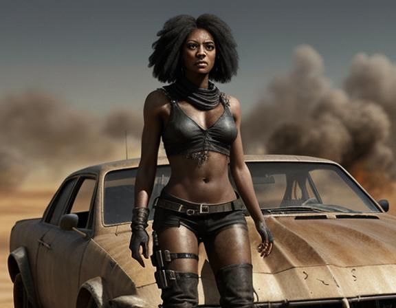 Photorealistic Black Female in Mad Max Setting
