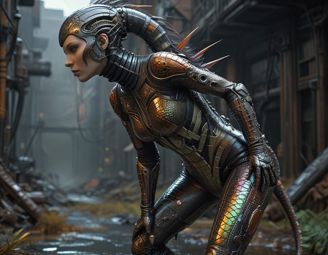 Biomechanical Lizard Woman in Metallic Suit