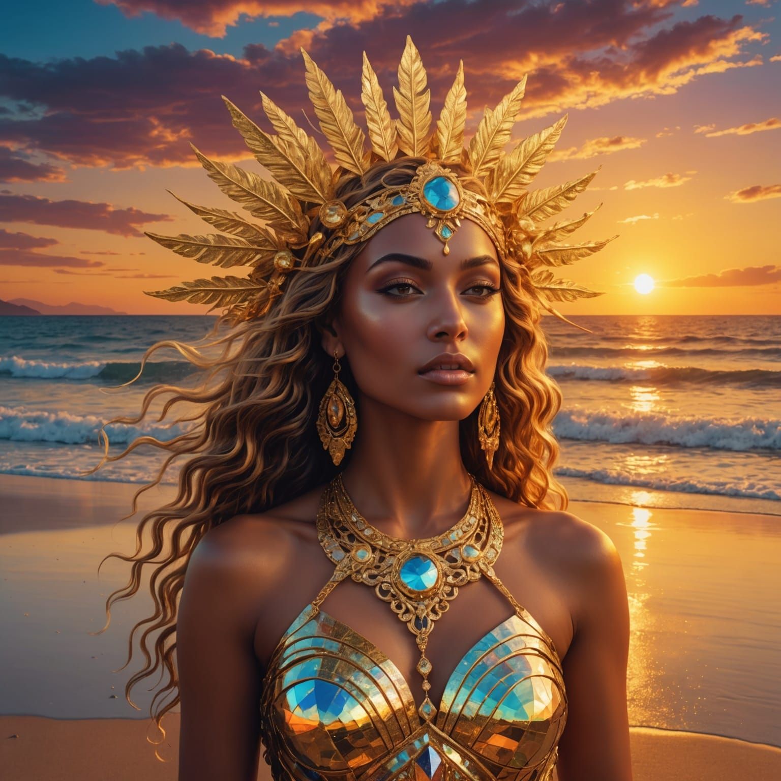 Golden Goddess on Sunset Beach: Astral Illustration