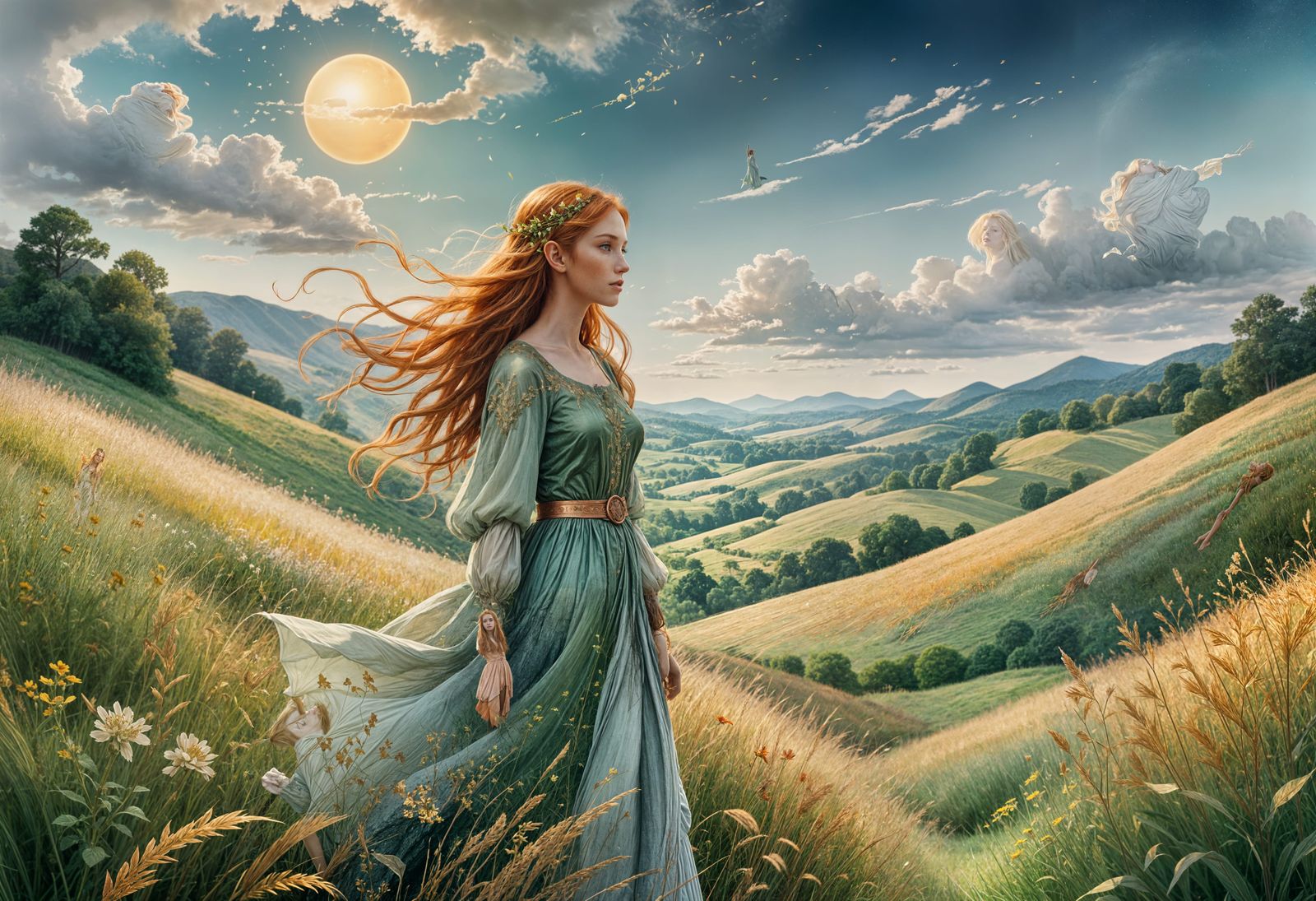 Ginger-Haired Elf Surrounded by Wildflowers in a Sunlit Mead...