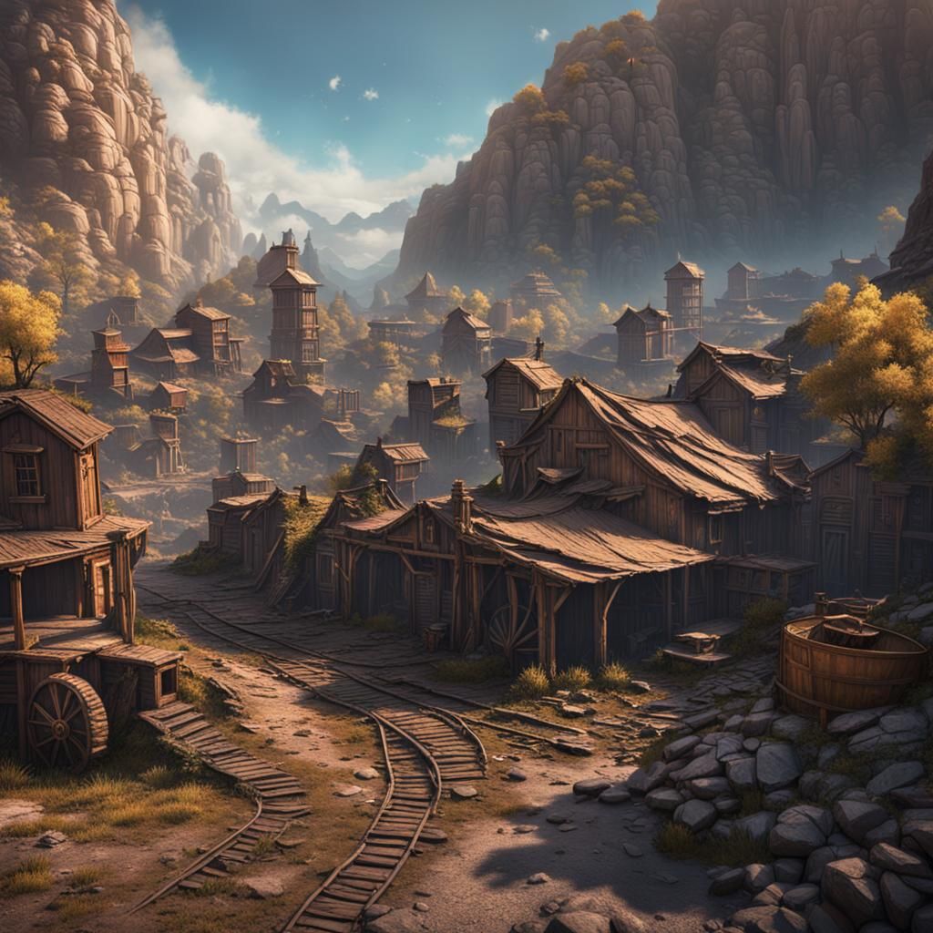 Fantastical Abandoned Mining Town in Matte Painting Style