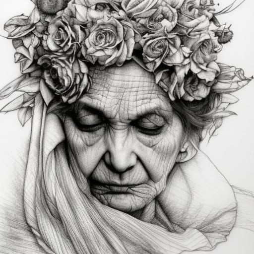 Pensive Old Woman of Flowers: Hyperdetailed Pencil Sketch