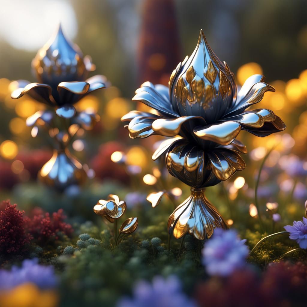 Metal Flowers with Gold Petals and Chrome Statue