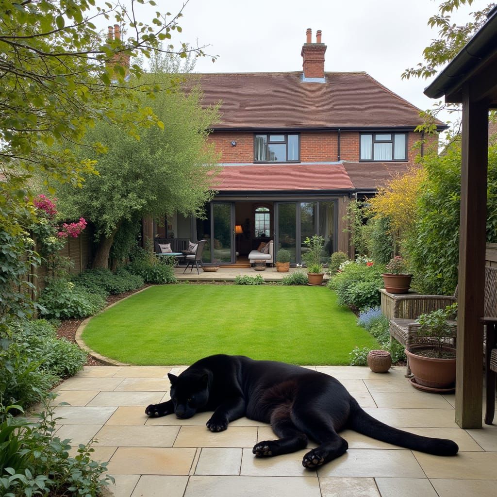 Panther on Suburban Patio in English Garden