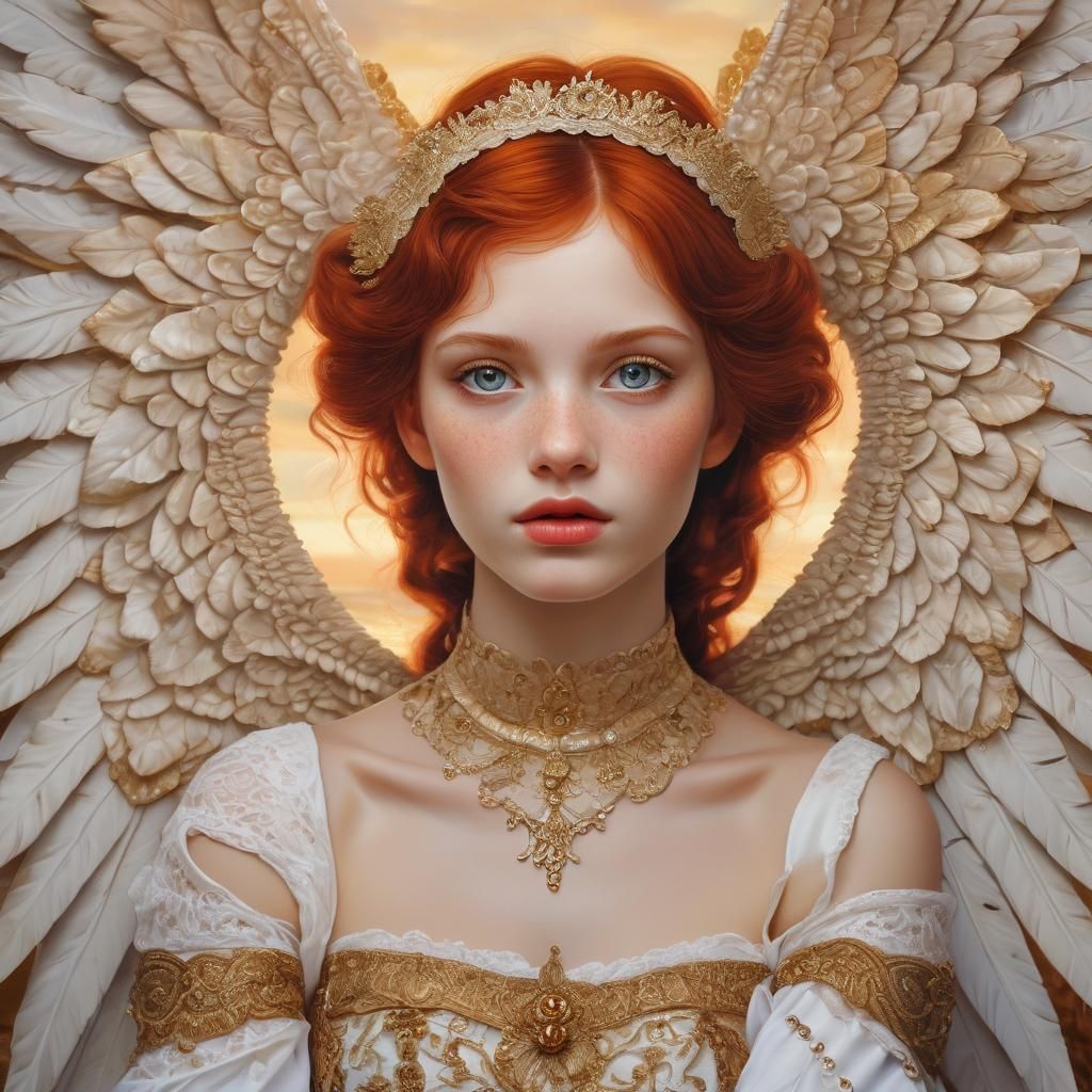 Red-Haired Angel in Victorian Dress: Oil Painting