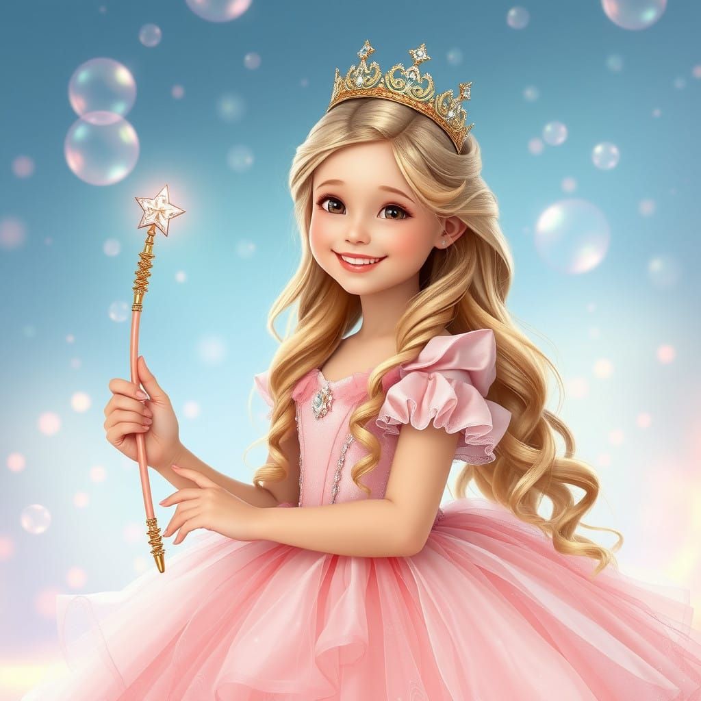 Whimsical Princess in Lavish Ballgown, Surrounded by Sparkli...