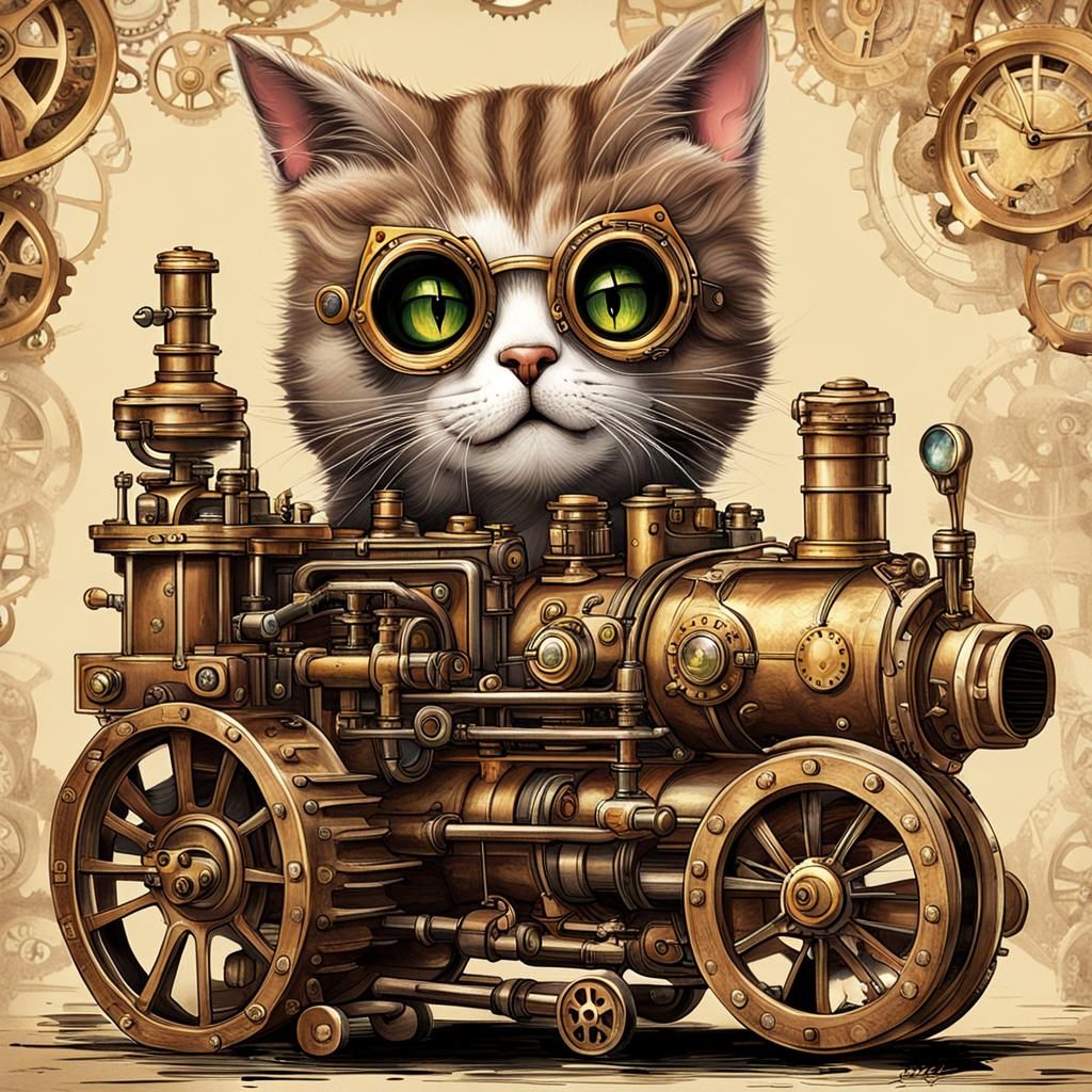 Steampunk Cat and Puppy Playtime