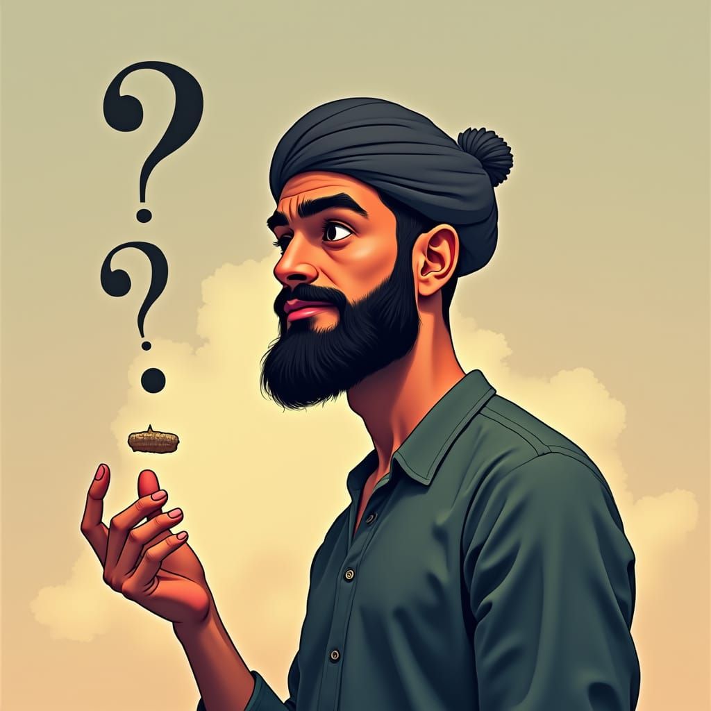 Contemplative Man with Question Marks in Hyperrealistic Styl...