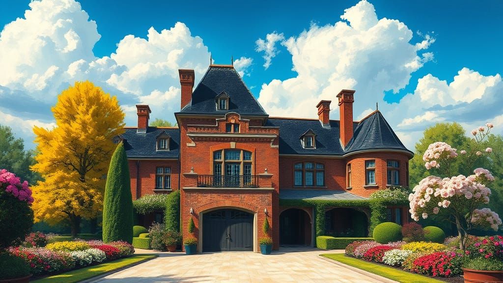 Grand Brick Chateau in Vibrant Impressionist Style