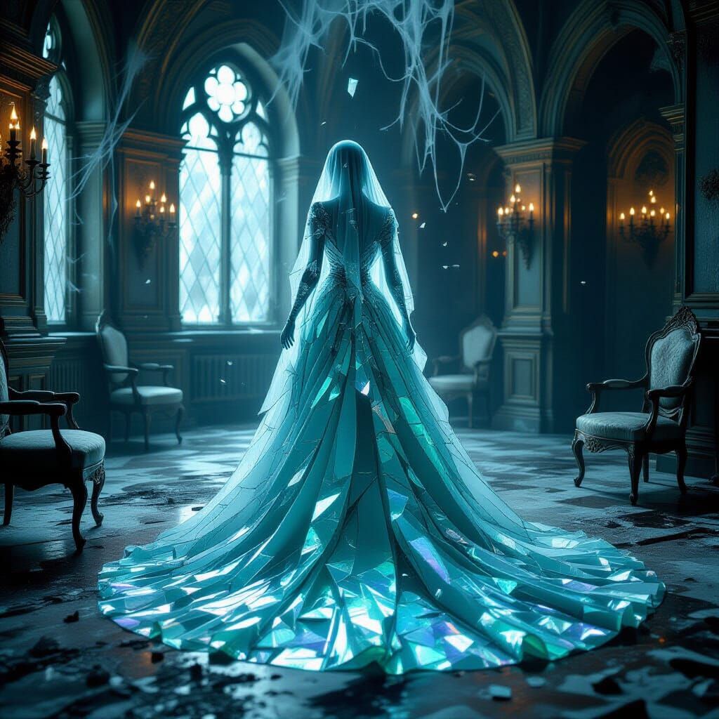Ethereal Glass Ghost in Decaying Gothic Ballroom
