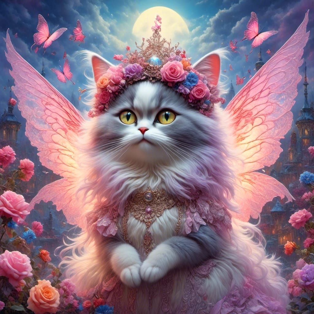 Little beautiful angel Persian cat with pink wings.