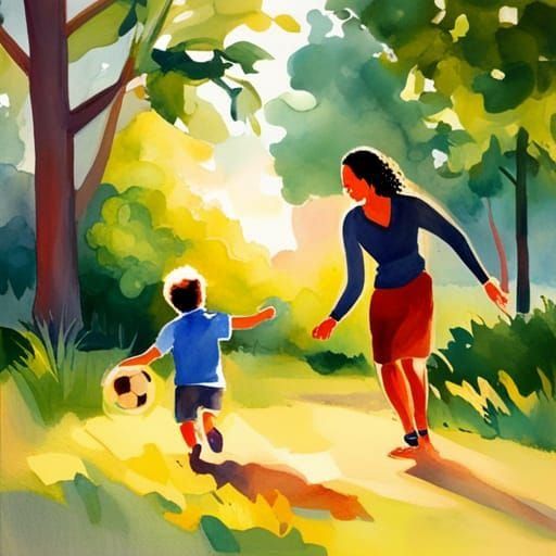 Mother and Son Play Soccer: Watercolor Painting