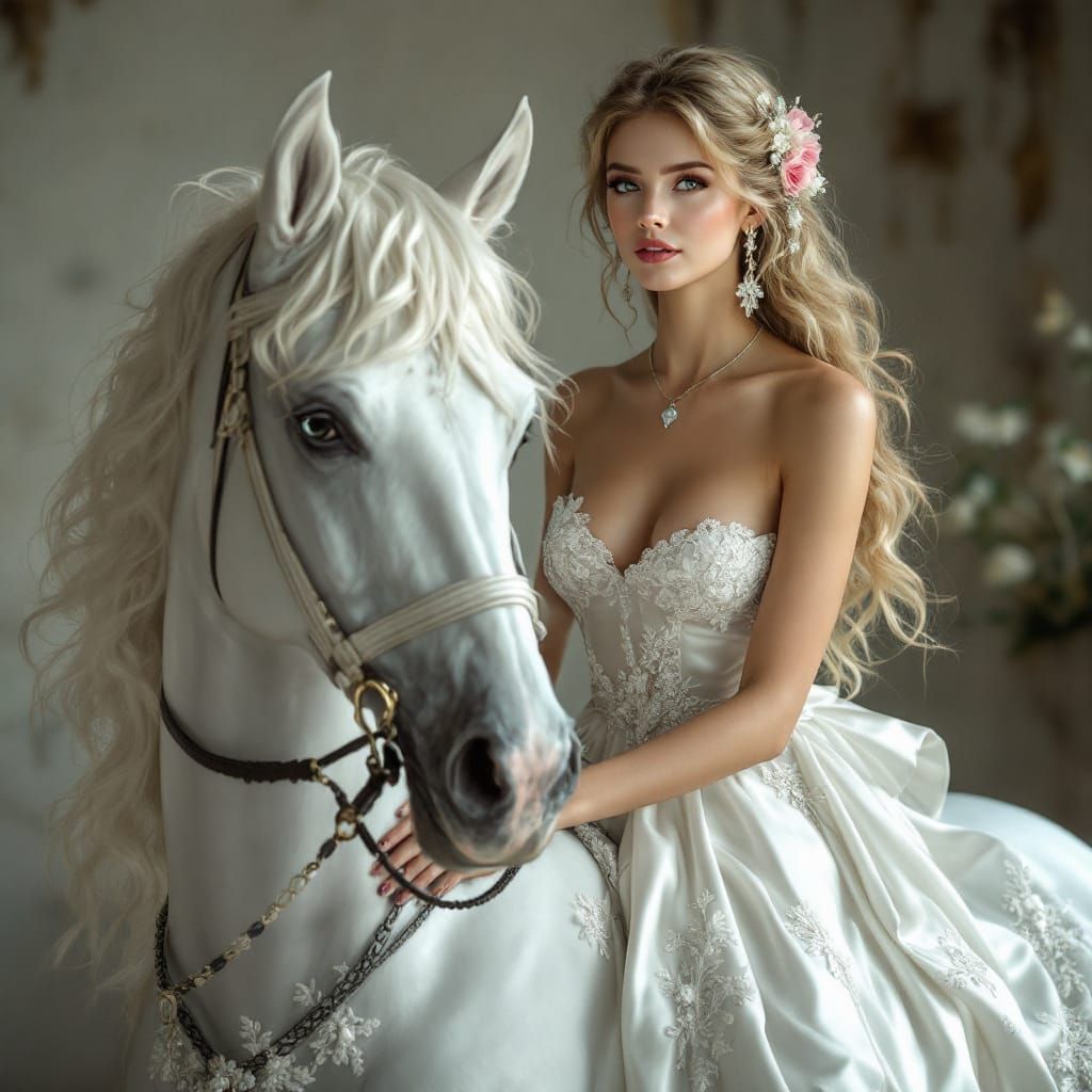 Woman Riding White Glass Horse in Silk Dress