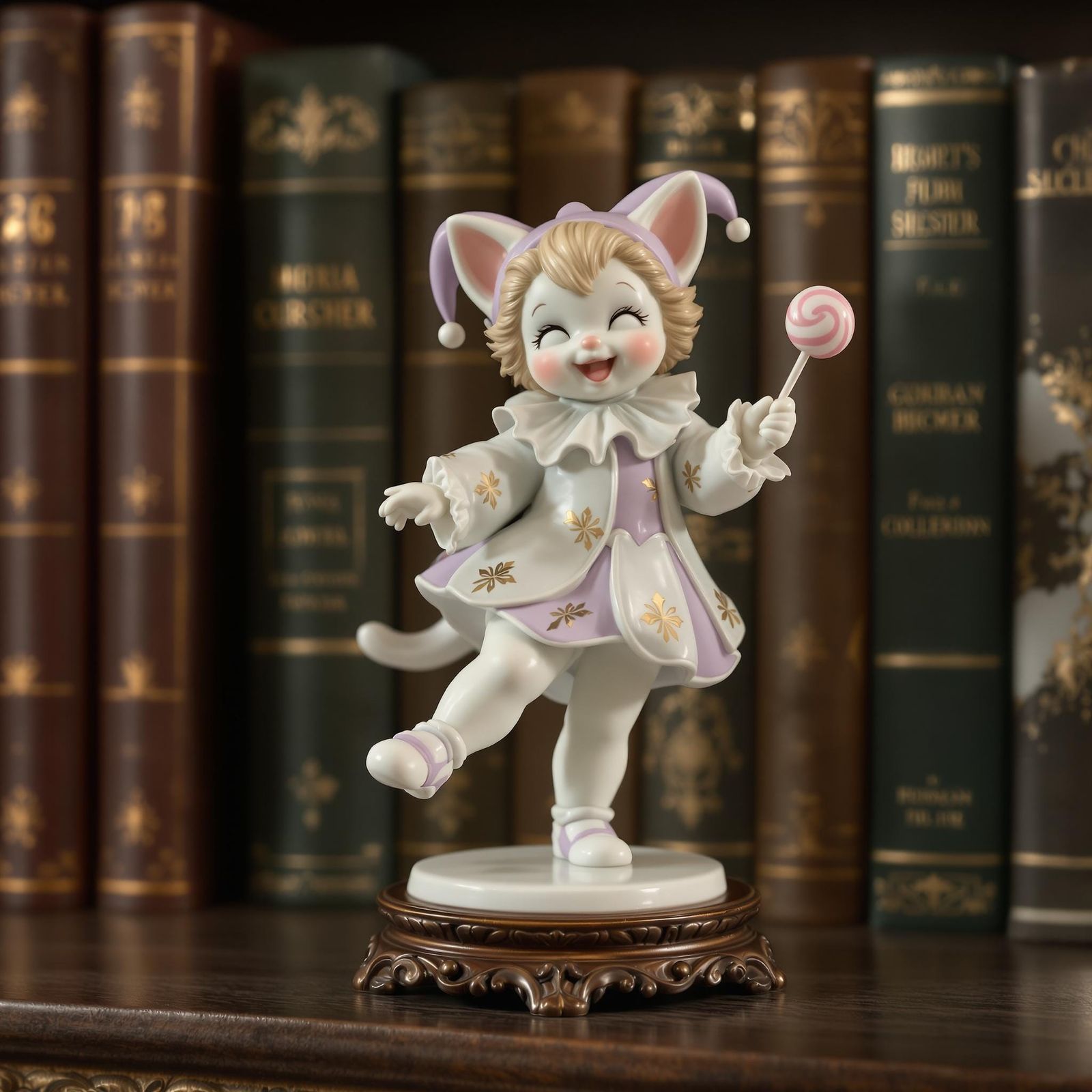 Vintage-Style Porcelain Kitten Jester in Whimsical Library S...