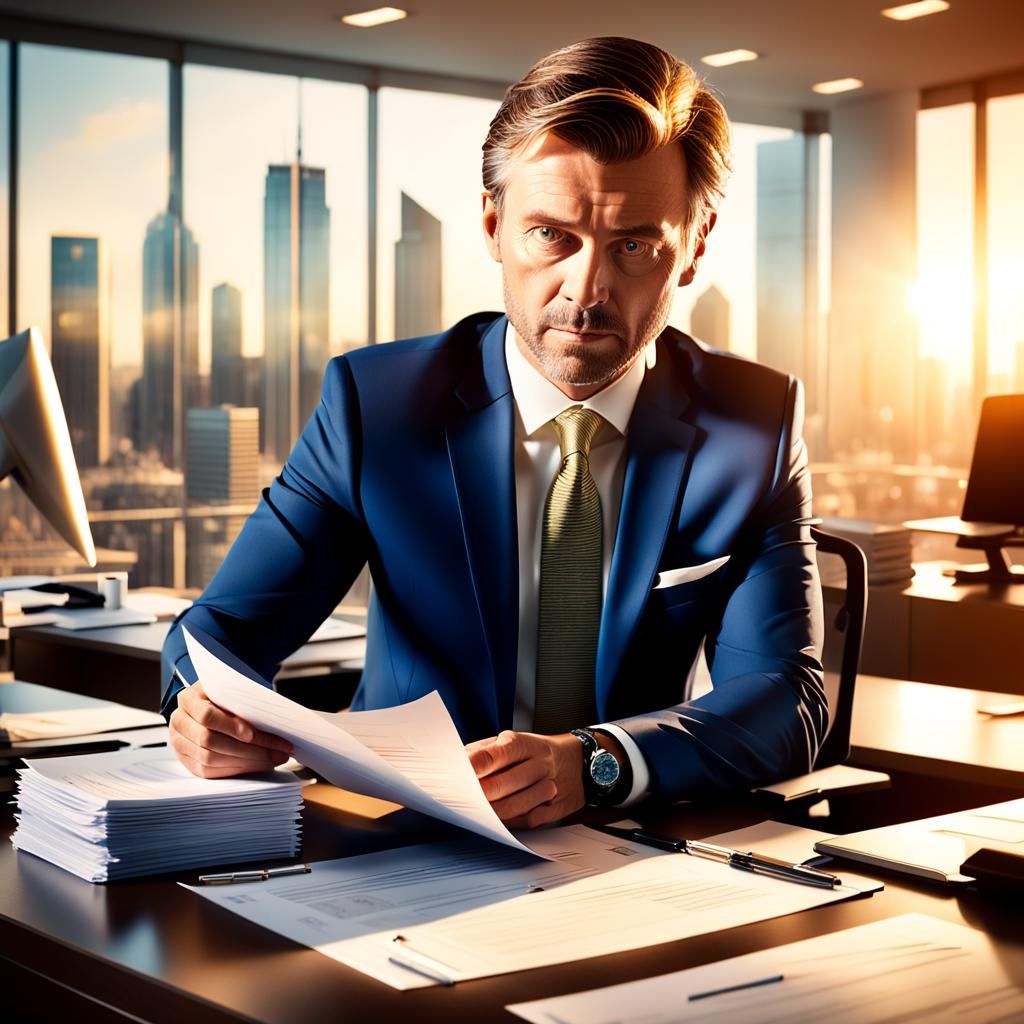 Corporate Manager Overseeing Office in Golden Light