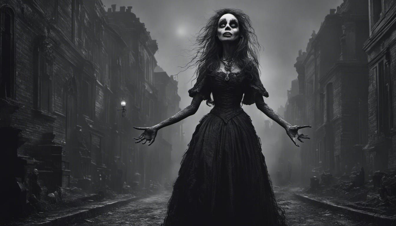 Evil Woman Smiling in Dark, Foggy City: Gothic Horror