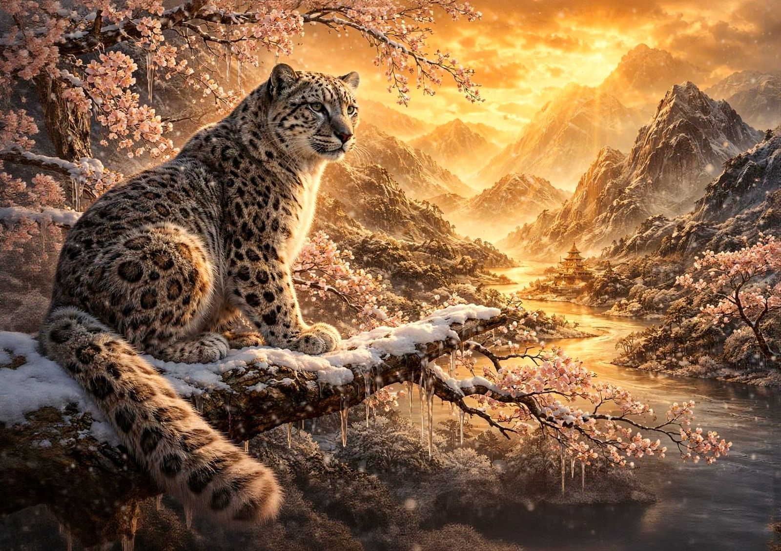 Snow Leopard Overlooking Chinoiserie Landscape