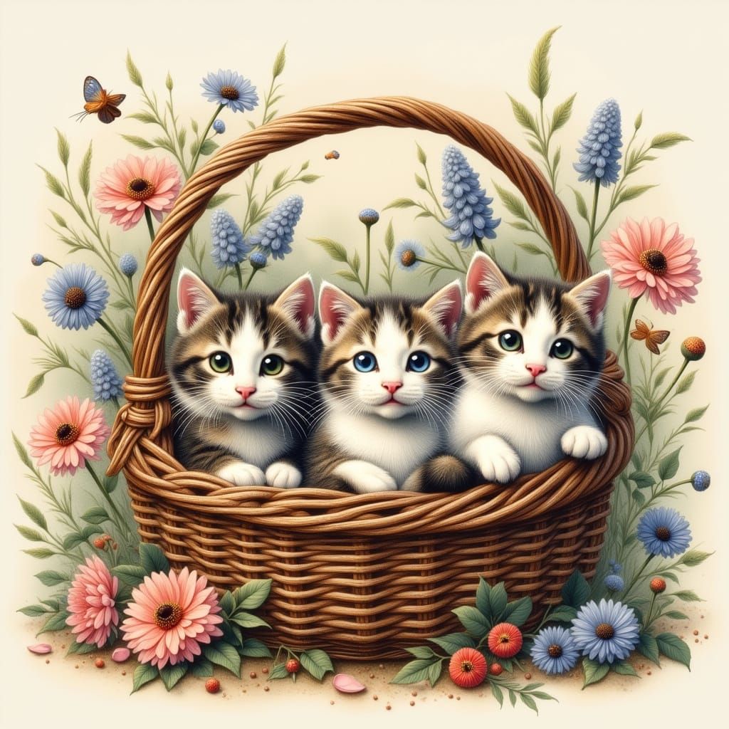Whimsical Vintage Kittens in a Basket
