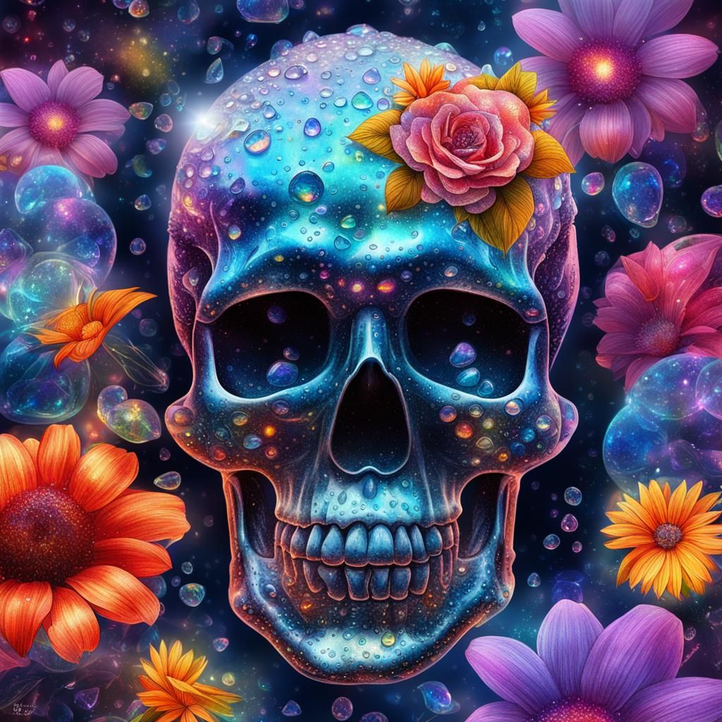 Dew Drops on Crystal Skull: Holographic Illustration