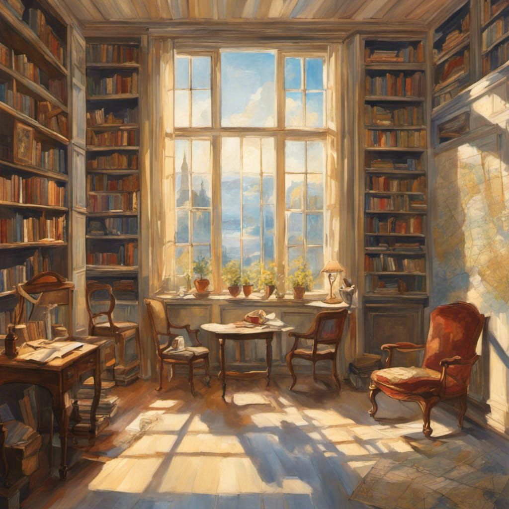Sunlit Room Interior with Bookshelf Painting
