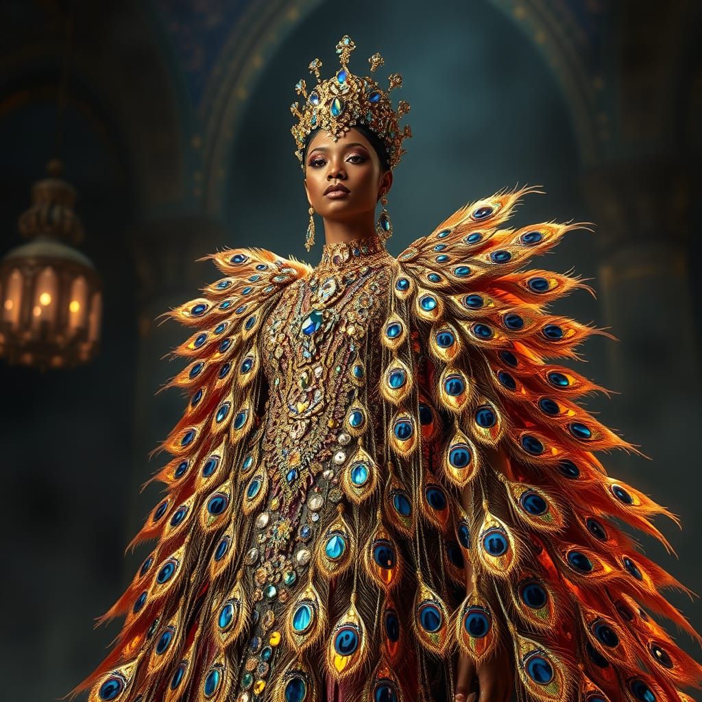 Majestic Goddess in Iridescent Peacock Feather Gown