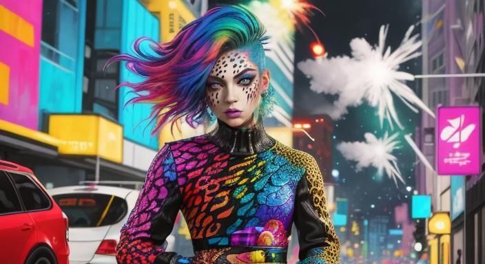 Rainbow Dragon Woman in Graffiti Art Style