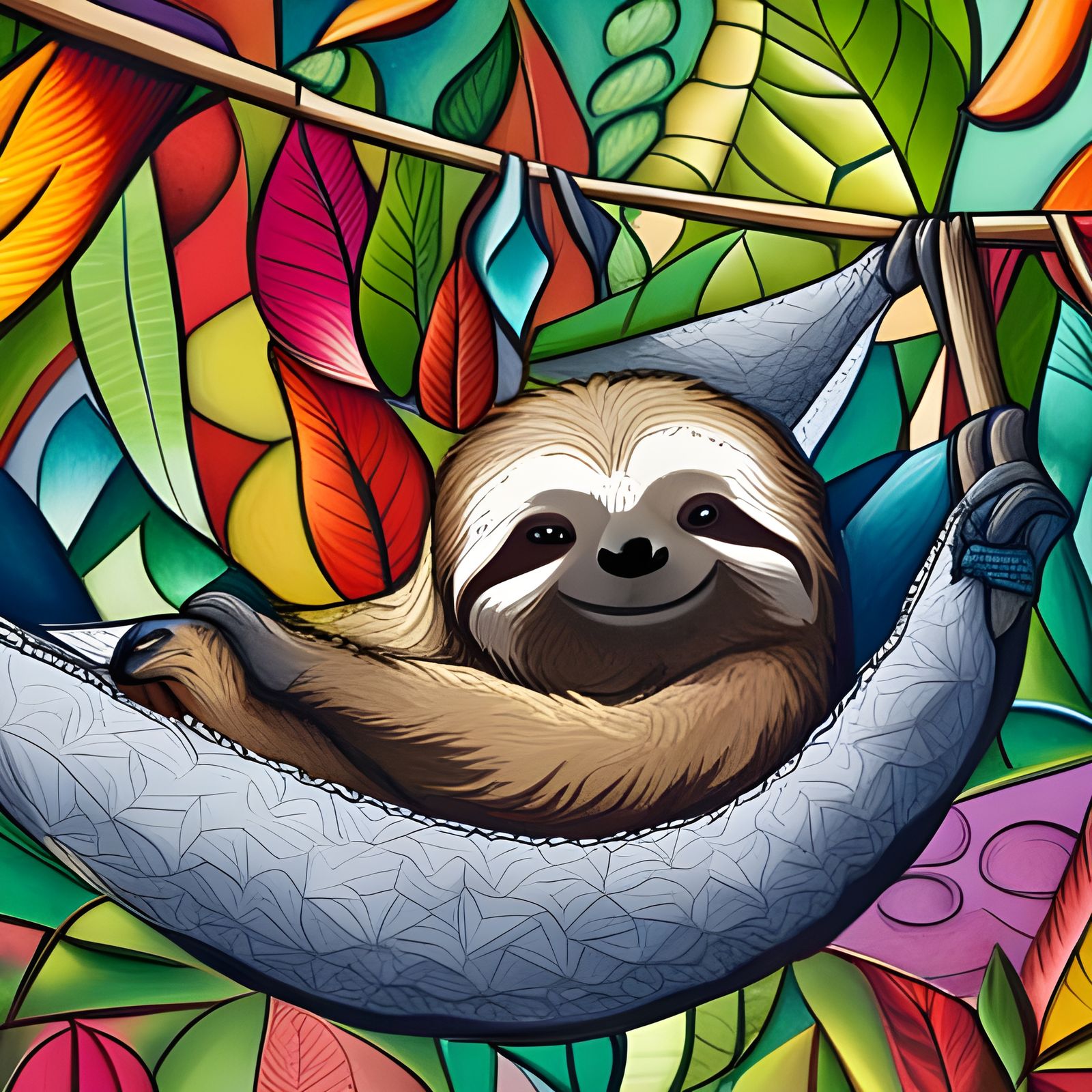 Sloths in Hammock: Abstract Art in Complementary Colors