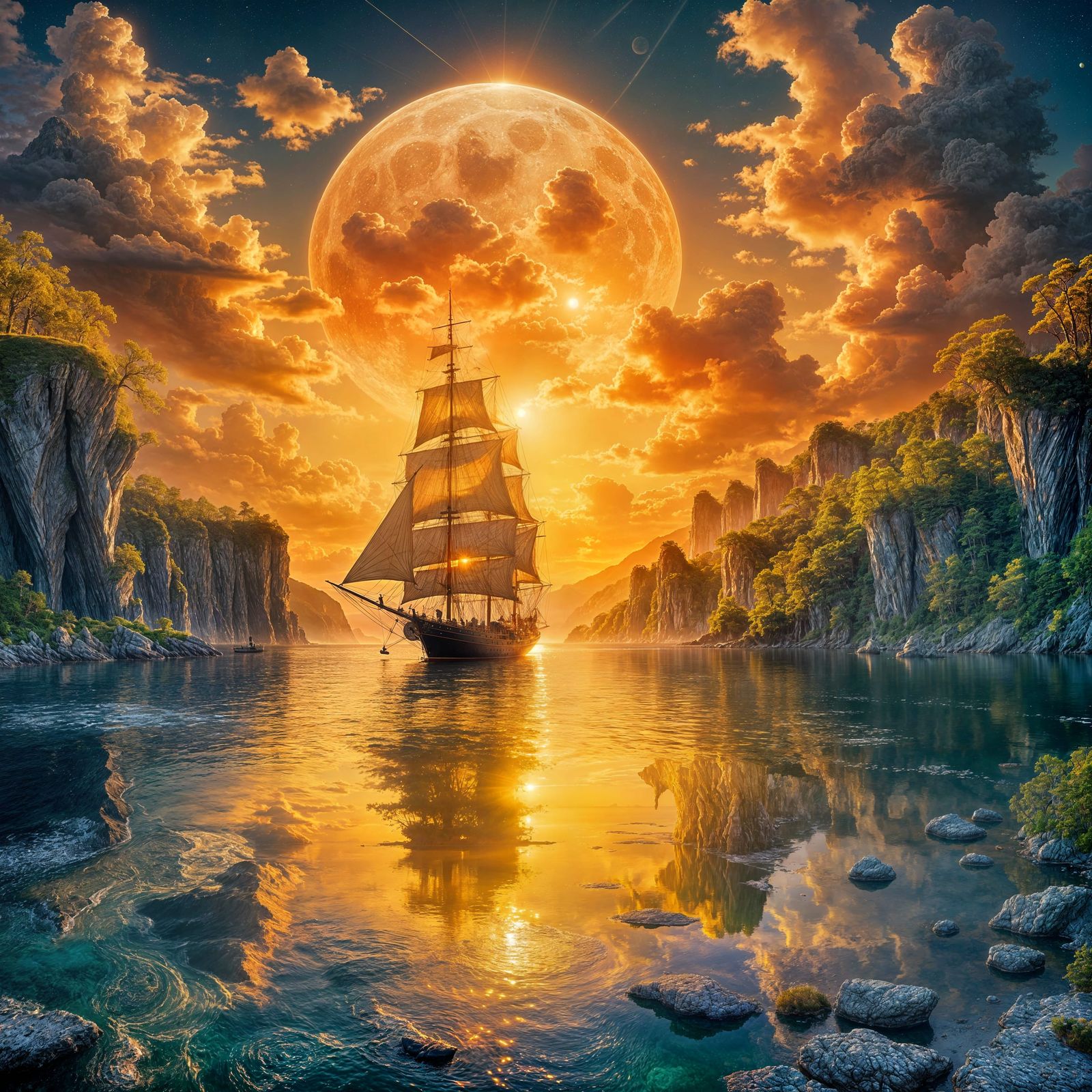 Fantasy Seascape with Glowing Amber Sails and Full Moon