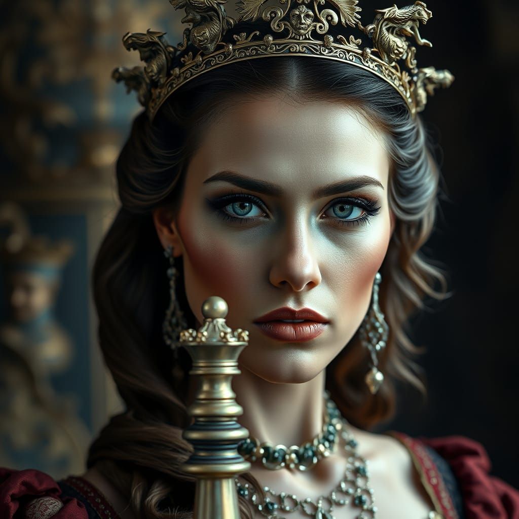 Queen Chess Piece Embodiment in Opulent Setting