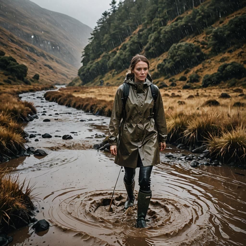 Woman Wades Through Creek in Autumn Rain