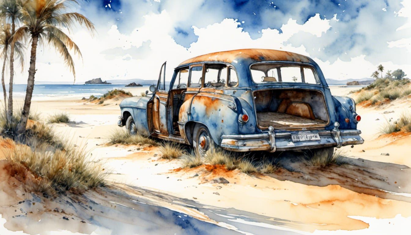 Old Rusty Car on Beach in Watercolor