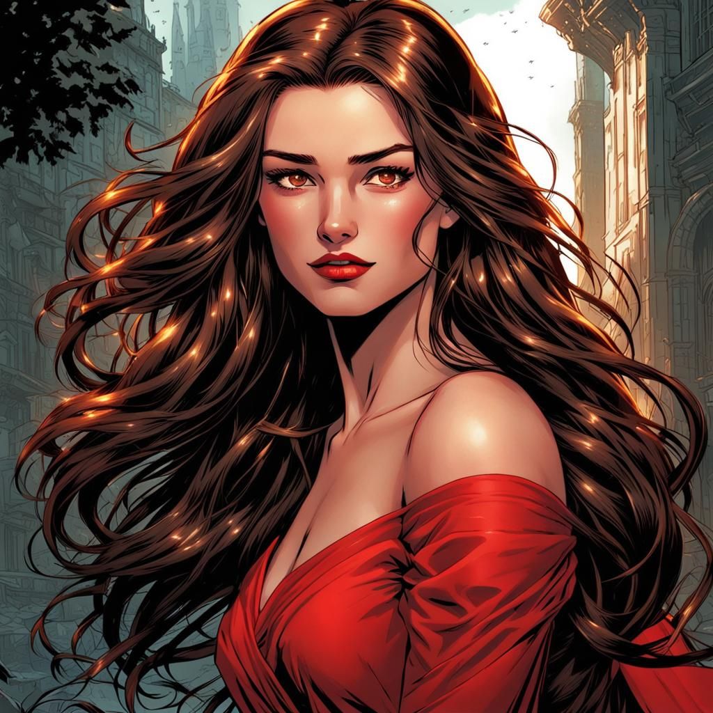 Teenage Girl in Red Dress, Comic Book Art