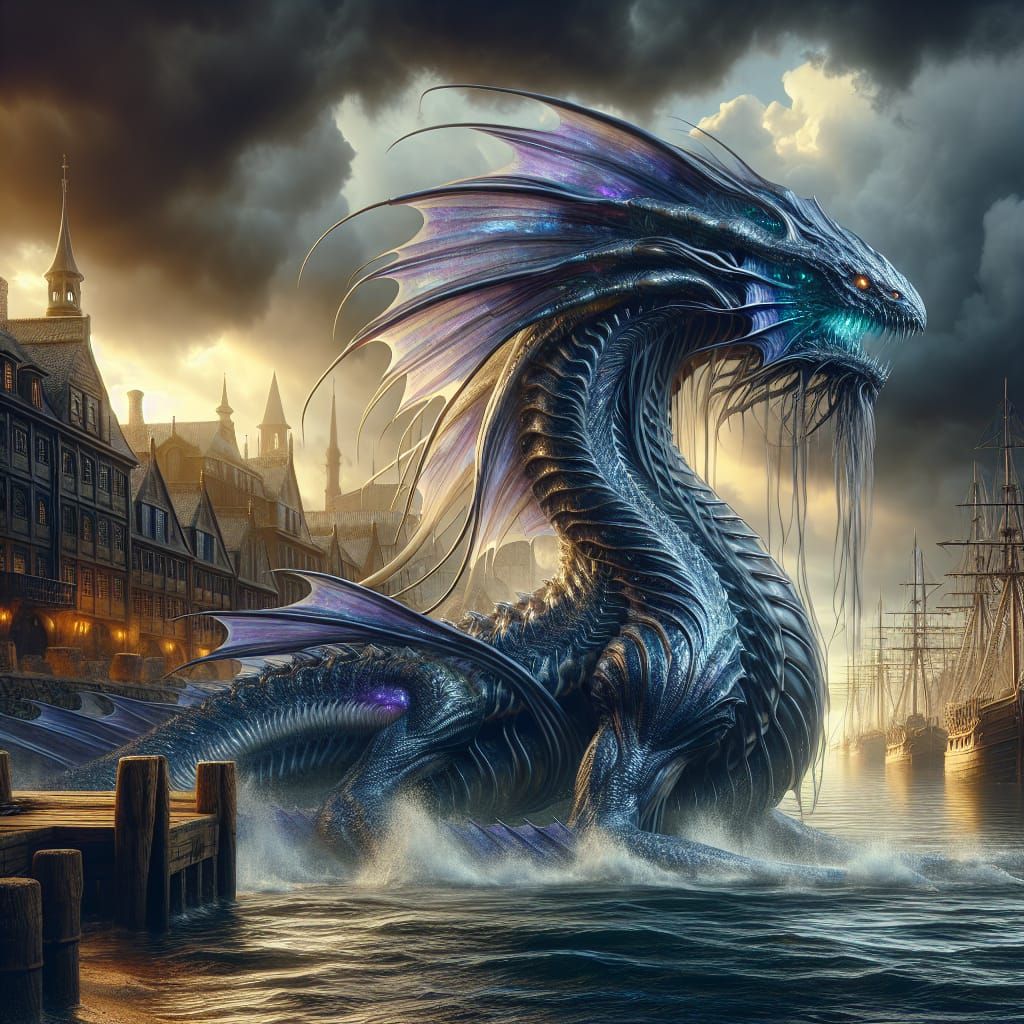 Leviathan Emerges in Medieval Port: Dark Fantasy Art