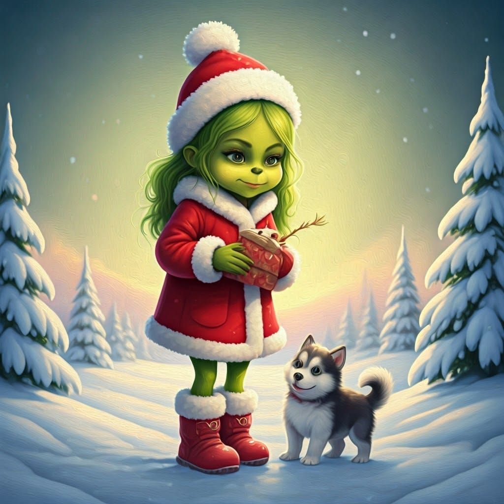 Grinch Girl and Husky Puppy in Snowy Scene
