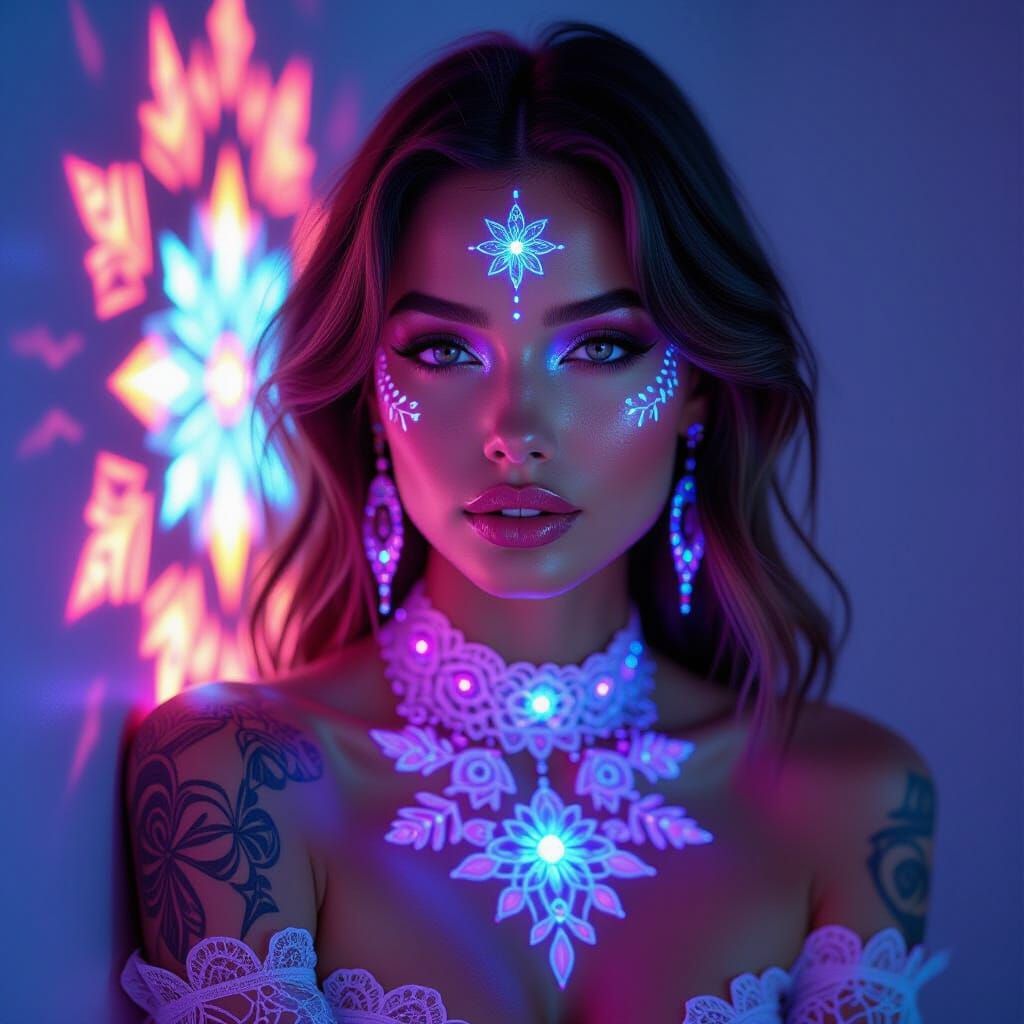 Ethereal Beauty: Woman with Luminous UV-Reactive Tattoos