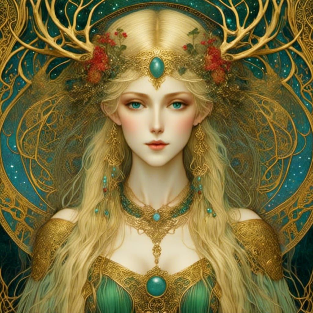 Gold Filigree Fairy Portrait in Klimt Style