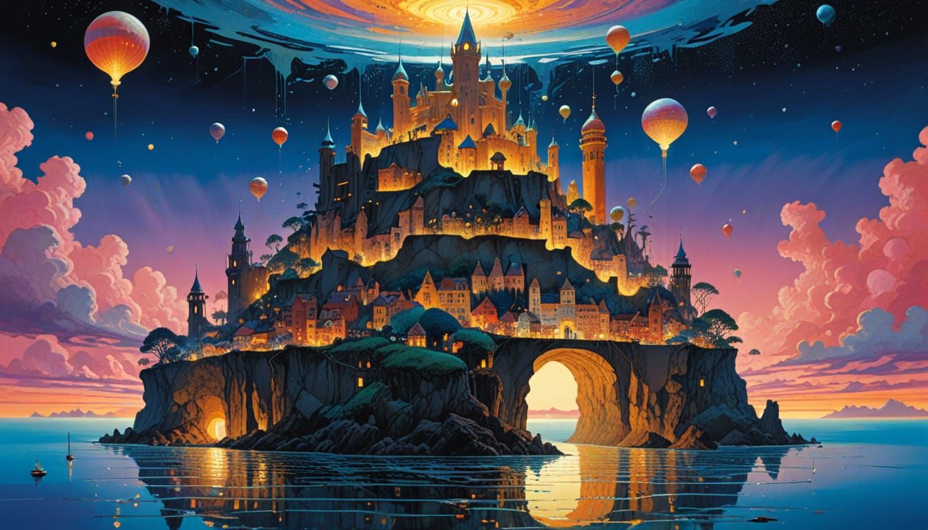 Surreal Floating City in Art Nouveau Style