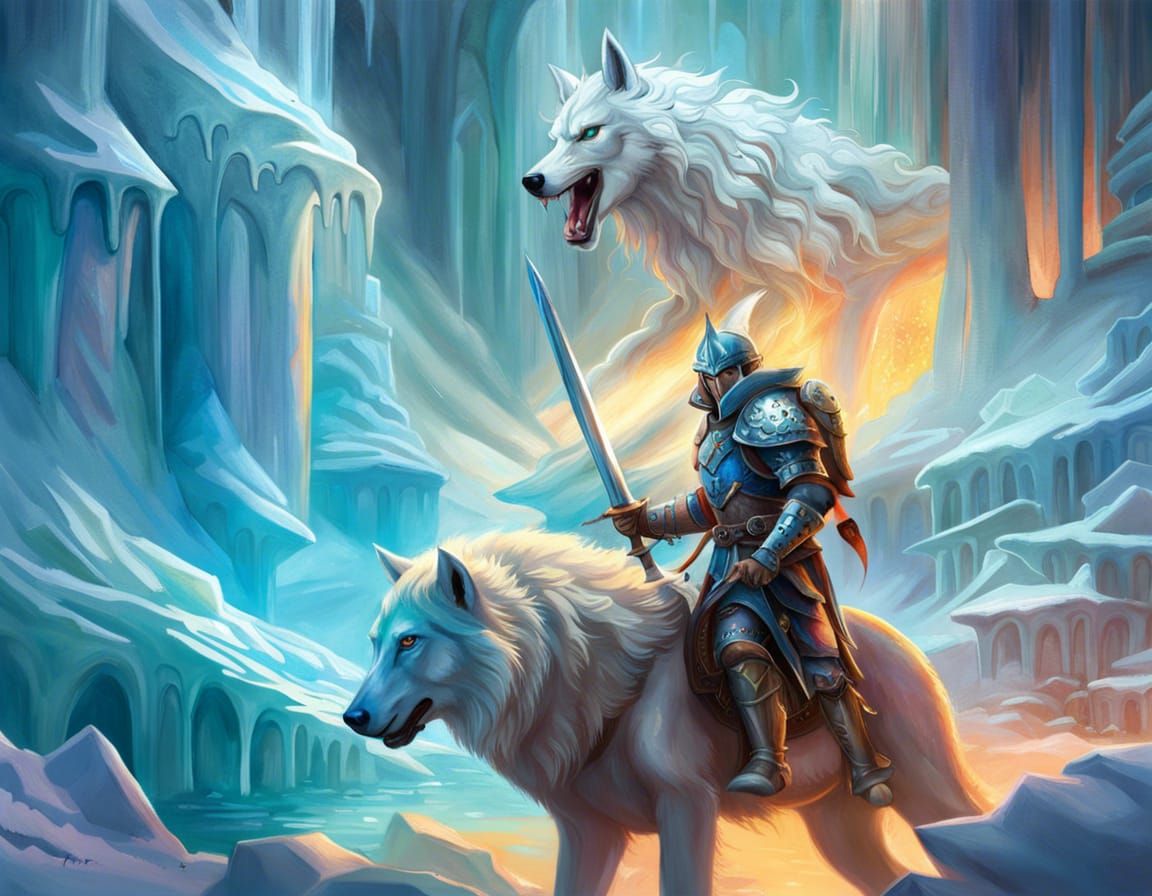 Icy Knight and Armored Wolf in Hyperrealistic Arctic Scene