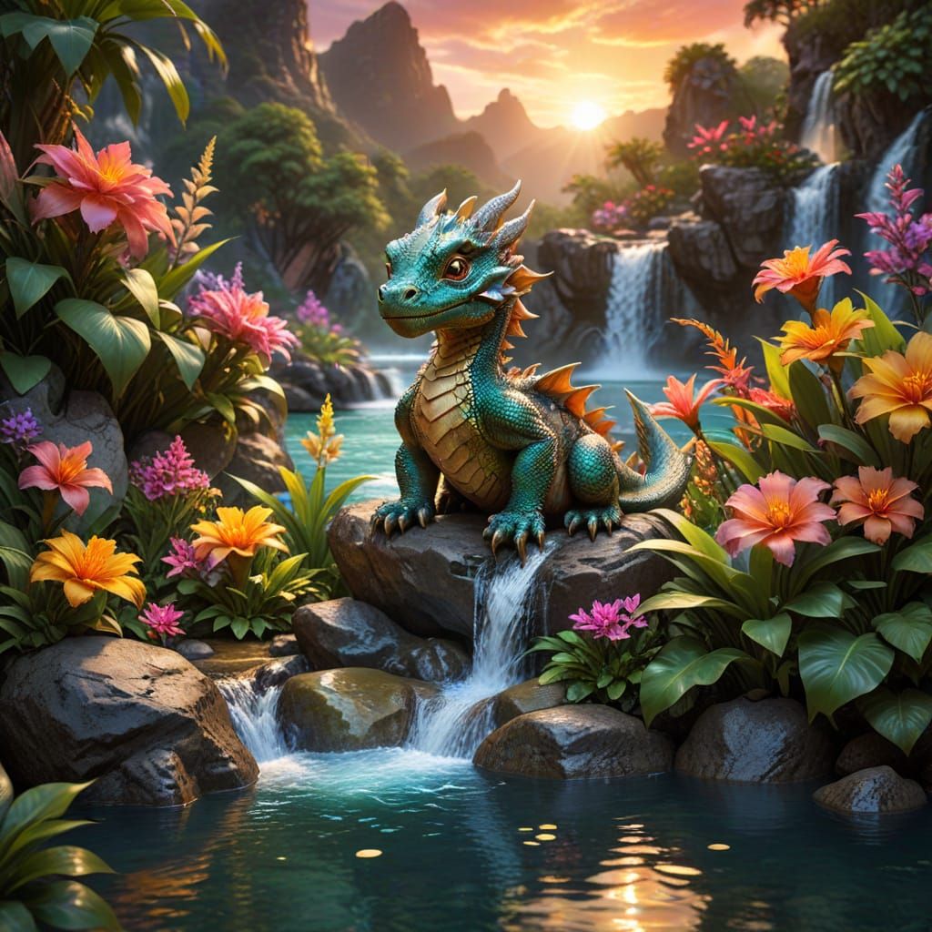 Baby Dragon in Tropical Lagoon at Sunset