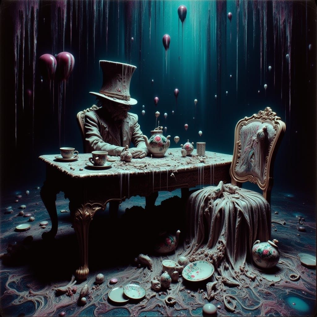Dark Fairy Tale Tea Party in a Haunting, Gothic Atmosphere
