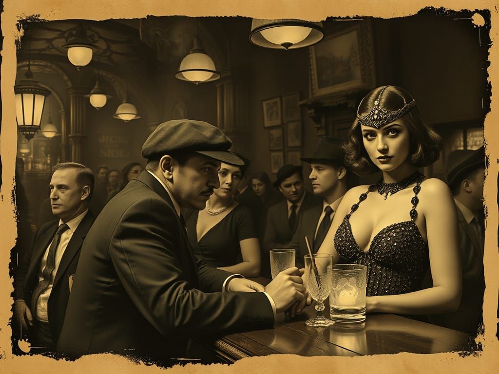 Gritty 1920s Speakeasy Scene in Sepia Tone