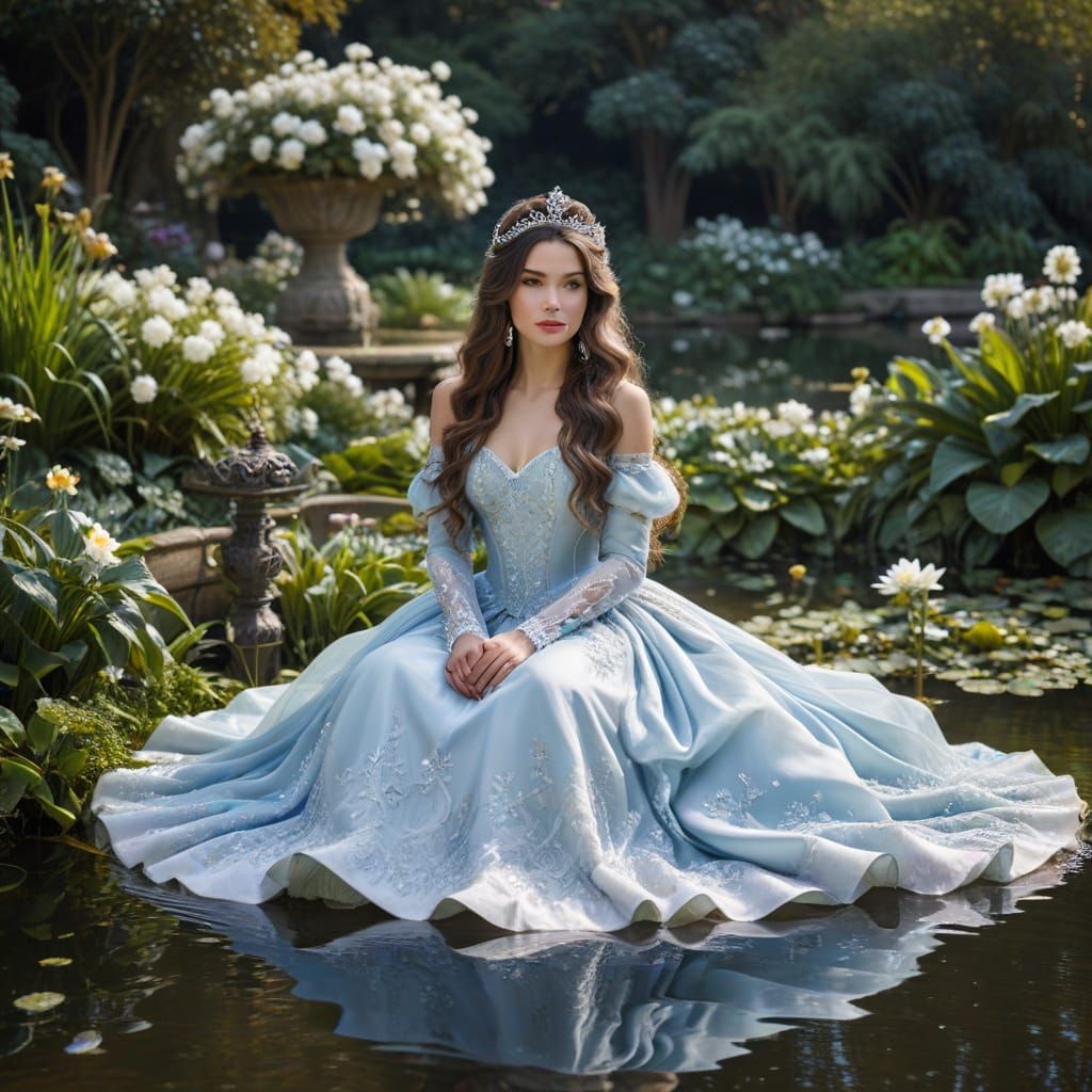 Elegant Snow Princess in Enchanted Water Garden
