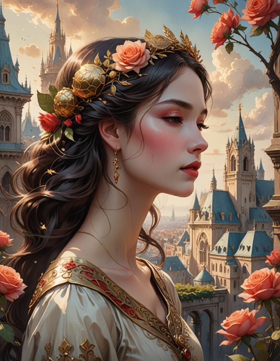 Ethereal Woman in Fantastical Cityscape Watercolor Digital P...