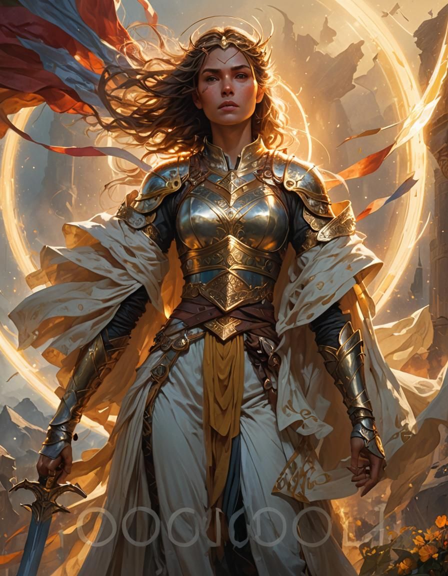 Fierce Sword-Wielding Woman in Dramatic Fantasy Art