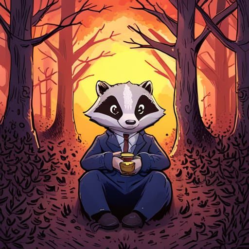 Badger in Suit Drinking Tea, Comic Book Art