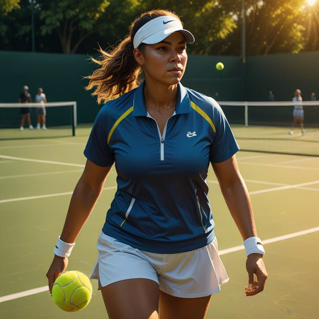 Hyperrealistic Woman in Tennis Outfit on Sunny Court