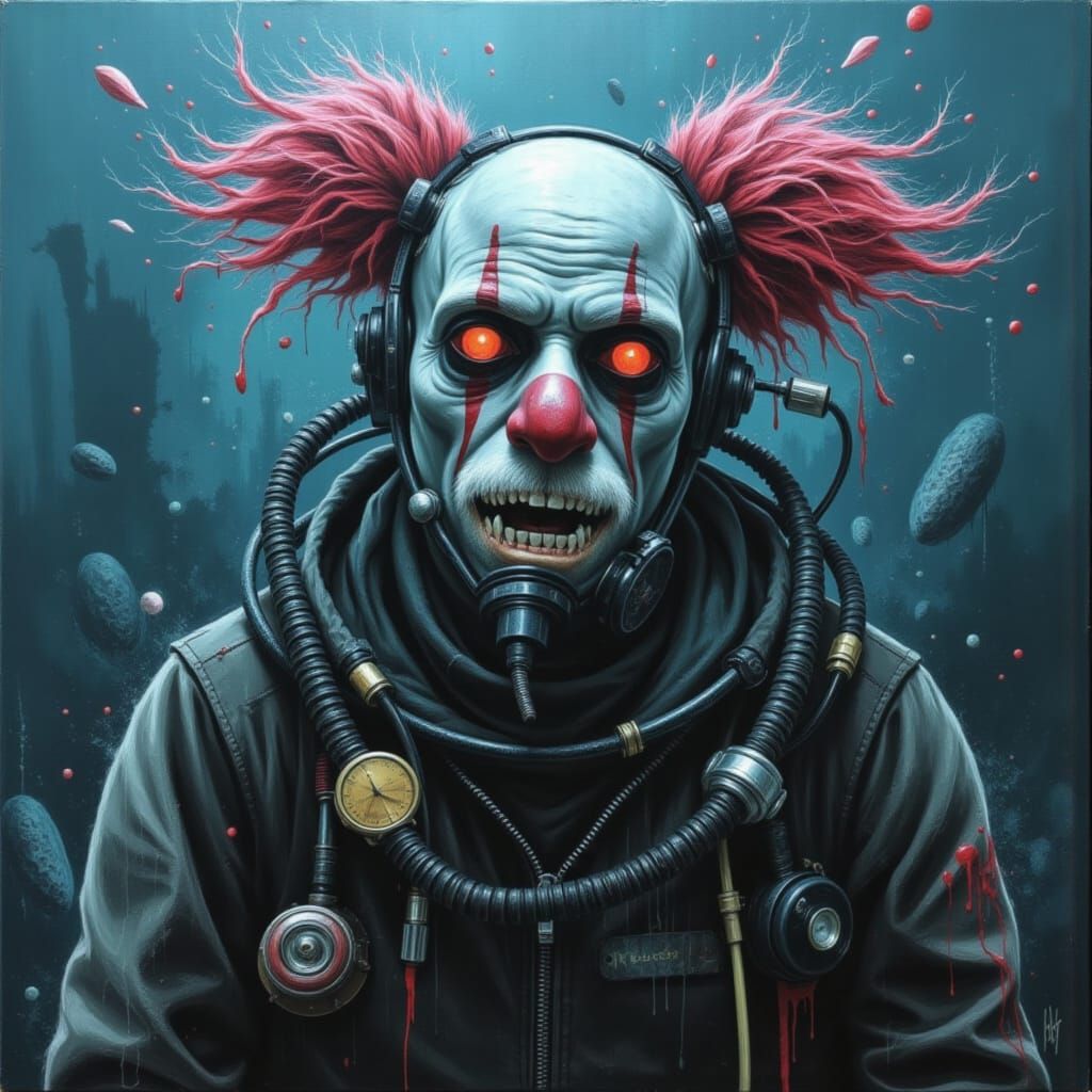 Deep Sea Diver with Clown Mask in Surreal Underwater Scene